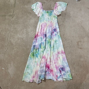 Sunday Mi Amor Tie Dye Maxi Dress Women's Medium Boho Flutter Sleeve Pink White